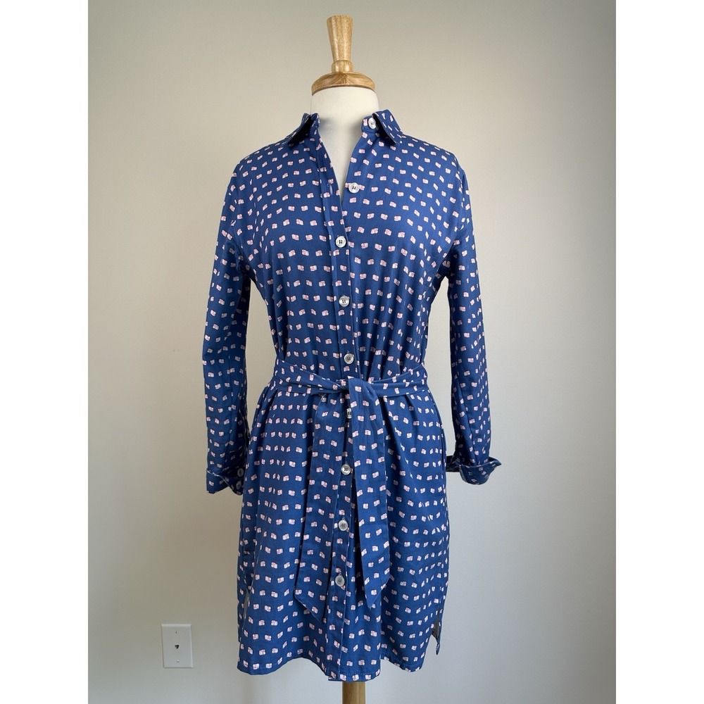 Kayce Hughes Camera Print Shirt Dress Belted Blue Cotton Preppy Casual Size 10